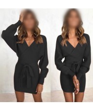 Knitted Texture V Neck Fashion Long Sleeves One-piece Autumn/ Winter Fashion Short Women Dress - Black