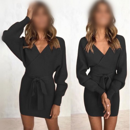 Knitted Texture V Neck Fashion Long Sleeves One Piece Autumn Winter Fashion Short Women Dress Black