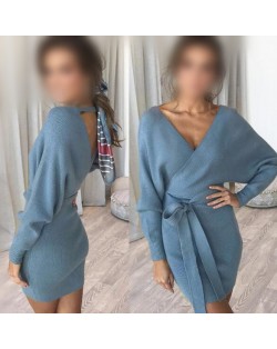 Knitted Texture V Neck Fashion Long Sleeves One-piece Autumn/ Winter Fashion Short Women Dress - Blue