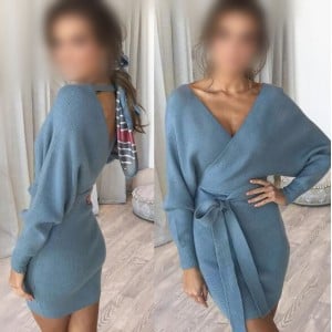 Knitted Texture V Neck Fashion Long Sleeves One-piece Autumn/ Winter Fashion Short Women Dress - Blue