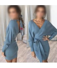 Knitted Texture V Neck Fashion Long Sleeves One-piece Autumn/ Winter Fashion Short Women Dress - Blue