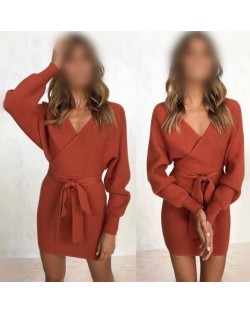 Knitted Texture V Neck Fashion Long Sleeves One-piece Autumn/ Winter Fashion Short Women Dress - Orange