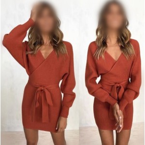 Knitted Texture V Neck Fashion Long Sleeves One-piece Autumn/ Winter Fashion Short Women Dress - Orange