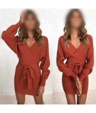 Knitted Texture V Neck Fashion Long Sleeves One-piece Autumn/ Winter Fashion Short Women Dress - Orange