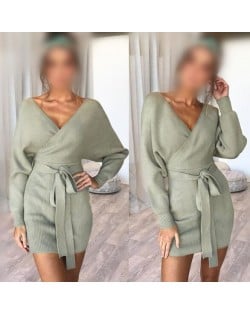 Knitted Texture V Neck Fashion Long Sleeves One-piece Autumn/ Winter Fashion Short Women Dress - Green