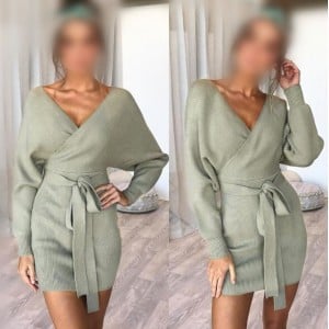 Knitted Texture V Neck Fashion Long Sleeves One-piece Autumn/ Winter Fashion Short Women Dress - Green