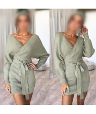 Knitted Texture V Neck Fashion Long Sleeves One-piece Autumn/ Winter Fashion Short Women Dress - Green