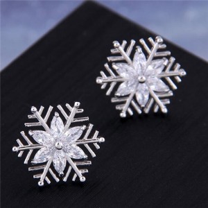 Simple Design Snowflake High Fashion Women Statement Earrings - Silver