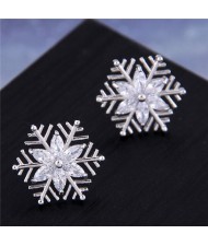 Simple Design Snowflake High Fashion Women Statement Earrings - Silver