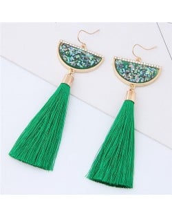 Paillettes Inlaid Fan-shape Cotton Threads Tassel Design High Fashion Earrings - Green