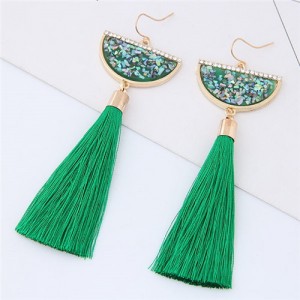 Paillettes Inlaid Fan-shape Cotton Threads Tassel Design High Fashion Earrings - Green