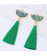 Paillettes Inlaid Fan-shape Cotton Threads Tassel Design High Fashion Earrings - Green