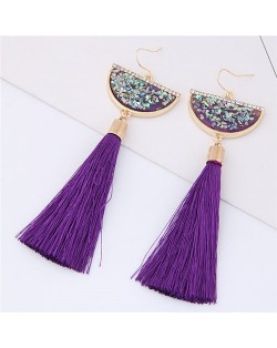 Paillettes Inlaid Fan-shape Cotton Threads Tassel Design High Fashion Earrings - Purple