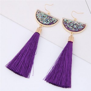 Paillettes Inlaid Fan-shape Cotton Threads Tassel Design High Fashion Earrings - Purple