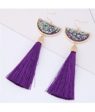 Paillettes Inlaid Fan-shape Cotton Threads Tassel Design High Fashion Earrings - Purple