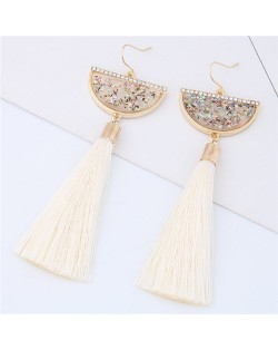 Paillettes Inlaid Fan-shape Cotton Threads Tassel Design High Fashion Earrings - White