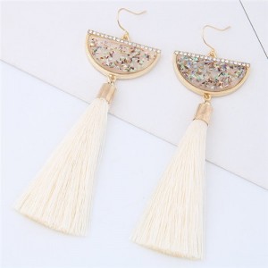Paillettes Inlaid Fan-shape Cotton Threads Tassel Design High Fashion Earrings - White