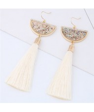 Paillettes Inlaid Fan-shape Cotton Threads Tassel Design High Fashion Earrings - White