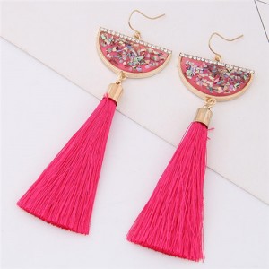 Paillettes Inlaid Fan-shape Cotton Threads Tassel Design High Fashion Earrings - Rose