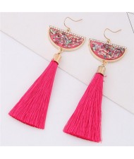 Paillettes Inlaid Fan-shape Cotton Threads Tassel Design High Fashion Earrings - Rose