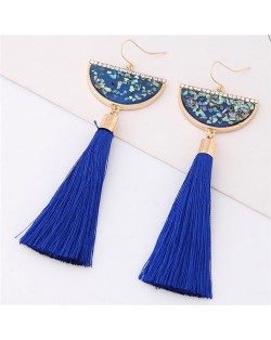 Paillettes Inlaid Fan-shape Cotton Threads Tassel Design High Fashion Earrings - Blue