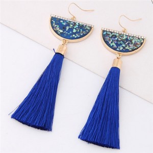 Paillettes Inlaid Fan-shape Cotton Threads Tassel Design High Fashion Earrings - Blue