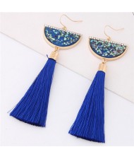 Paillettes Inlaid Fan-shape Cotton Threads Tassel Design High Fashion Earrings - Blue