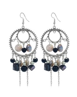 Seashell and Beads Tassel Design Dangling Hoop Women Statement Earrings - Black