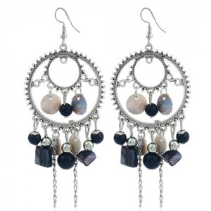 Seashell and Beads Tassel Design Dangling Hoop Women Statement Earrings - Black