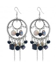 Seashell and Beads Tassel Design Dangling Hoop Women Statement Earrings - Black