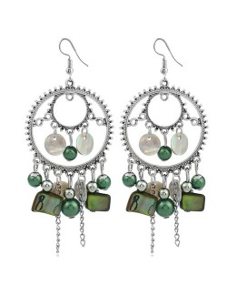 Seashell and Beads Tassel Design Dangling Hoop Women Statement Earrings - Green
