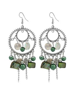Seashell and Beads Tassel Design Dangling Hoop Women Statement Earrings - Green