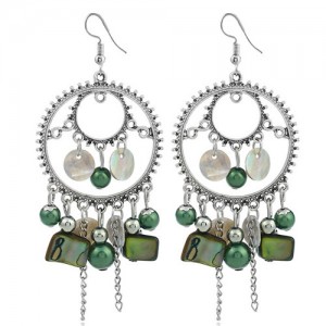 Seashell and Beads Tassel Design Dangling Hoop Women Statement Earrings - Green