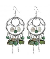 Seashell and Beads Tassel Design Dangling Hoop Women Statement Earrings - Green