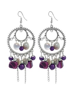 Seashell and Beads Tassel Design Dangling Hoop Women Statement Earrings - Purple