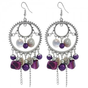 Seashell and Beads Tassel Design Dangling Hoop Women Statement Earrings - Purple
