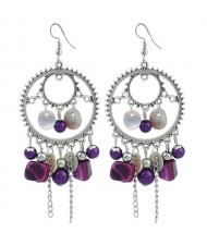 Seashell and Beads Tassel Design Dangling Hoop Women Statement Earrings - Purple