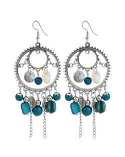 Seashell and Beads Tassel Design Dangling Hoop Women Statement Earrings - Blue