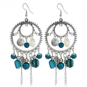 Seashell and Beads Tassel Design Dangling Hoop Women Statement Earrings - Blue