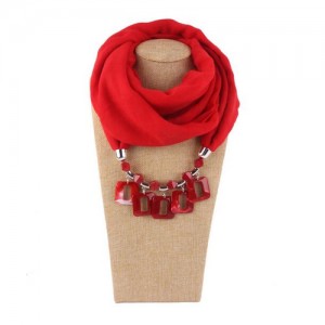 Resin Squares Pendants High Fashion Scarf Necklace - Red