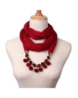 Fluffy Balls Design High Fashion Scarf Necklace - Wine Red