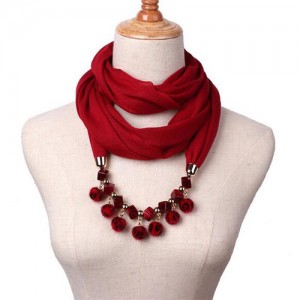 Fluffy Balls Design High Fashion Scarf Necklace - Wine Red