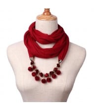 Fluffy Balls Design High Fashion Scarf Necklace - Wine Red