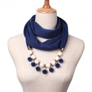 Fluffy Balls Design High Fashion Scarf Necklace - Ink Blue