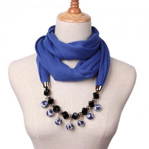 Fluffy Balls Design High Fashion Scarf Necklace - Royal Blue