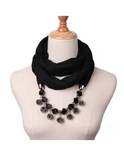 Fluffy Balls Design High Fashion Scarf Necklace - Black