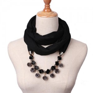 Fluffy Balls Design High Fashion Scarf Necklace - Black