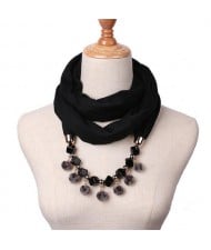 Fluffy Balls Design High Fashion Scarf Necklace - Black