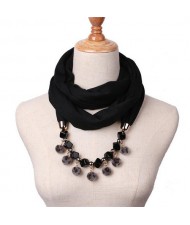 Fluffy Balls Design High Fashion Scarf Necklace - Black