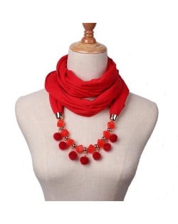 Fluffy Balls Design High Fashion Scarf Necklace - Red